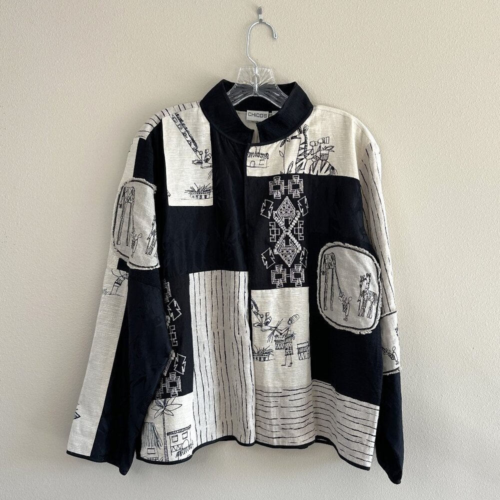 Chico's Silk and Linen Blend Patchwork Art to Wear Jacket, Black Cream, Large - Picture 2 of 11